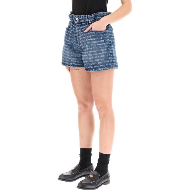 Lookbook (Women) MIU MIU SS23 High-Waisted Button-Up Printed Denim Shorts Women Blue GWP424-1226-F0008-S-231