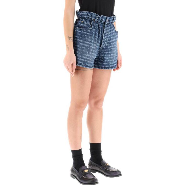Shop (Women) MIU MIU SS23 High-Waisted Button-Up Printed Denim Shorts Women Blue GWP424-1226-F0008-S-231
