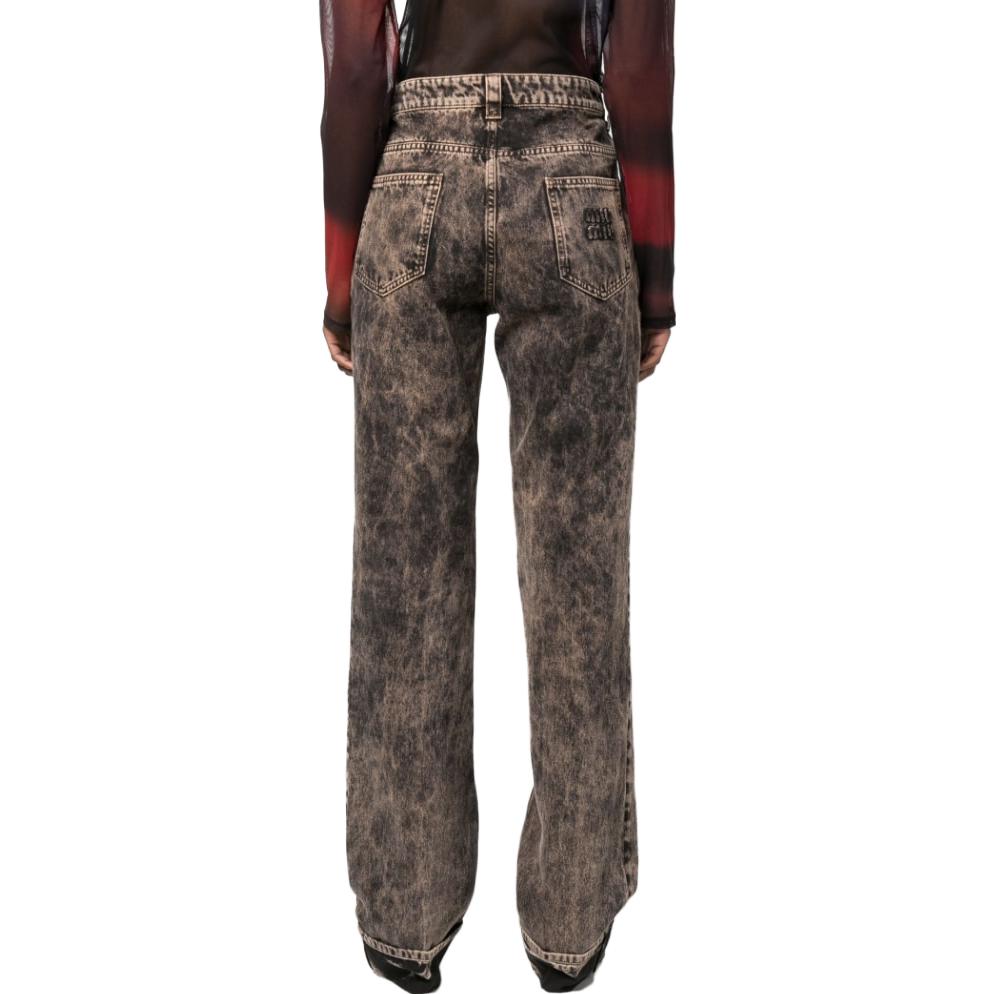 Shop (W) MIU MIU SS23 Jeans Wanita Hitam Pola Marble Bordir Logo Low-Waist GWP467-121H-F0002-S-231