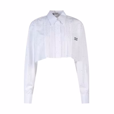 (Women) MIU MIU SS23 Polka Dot Button-Up Long Sleeve Crop Shirt Women White MK1718-12IQ-F0009-S-231