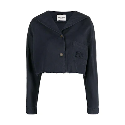 (Women) MIU MIU SS23 Solid Logo Fringe Cropped Jacket Women Midnight Blue ML902-12L9-F0008-S-231