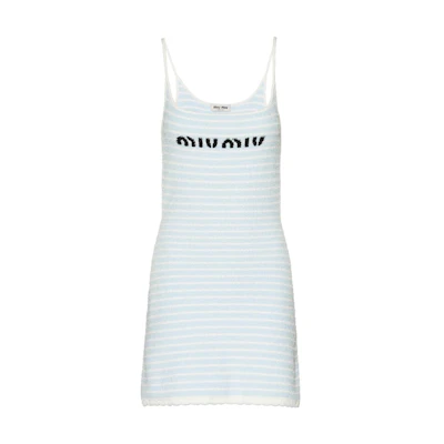 (Women) MIU MIU SS23 Striped Logo Knit Camisole Dress Women’s Light Blue. MMA751-119T-F0K2U
