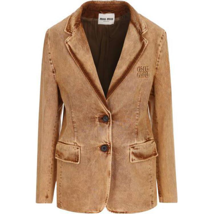 (Women) MIU MIU SS23 Washed Button-Up Denim Jacket for Women in Cognac Color. GWG126-121H-F0046