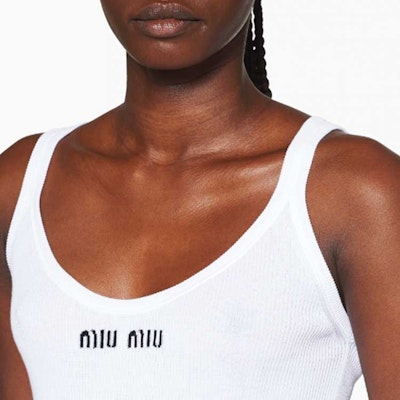 (W) MIU MIU SS23 Logo Putih Baju Tank Rajut Wanita. MMV075-12ZL-F0009-S-231 Details for (W) MIU MIU SS23 Logo Putih Baju Tank Rajut Wanita. MMV075-12ZL-F0009-S-231