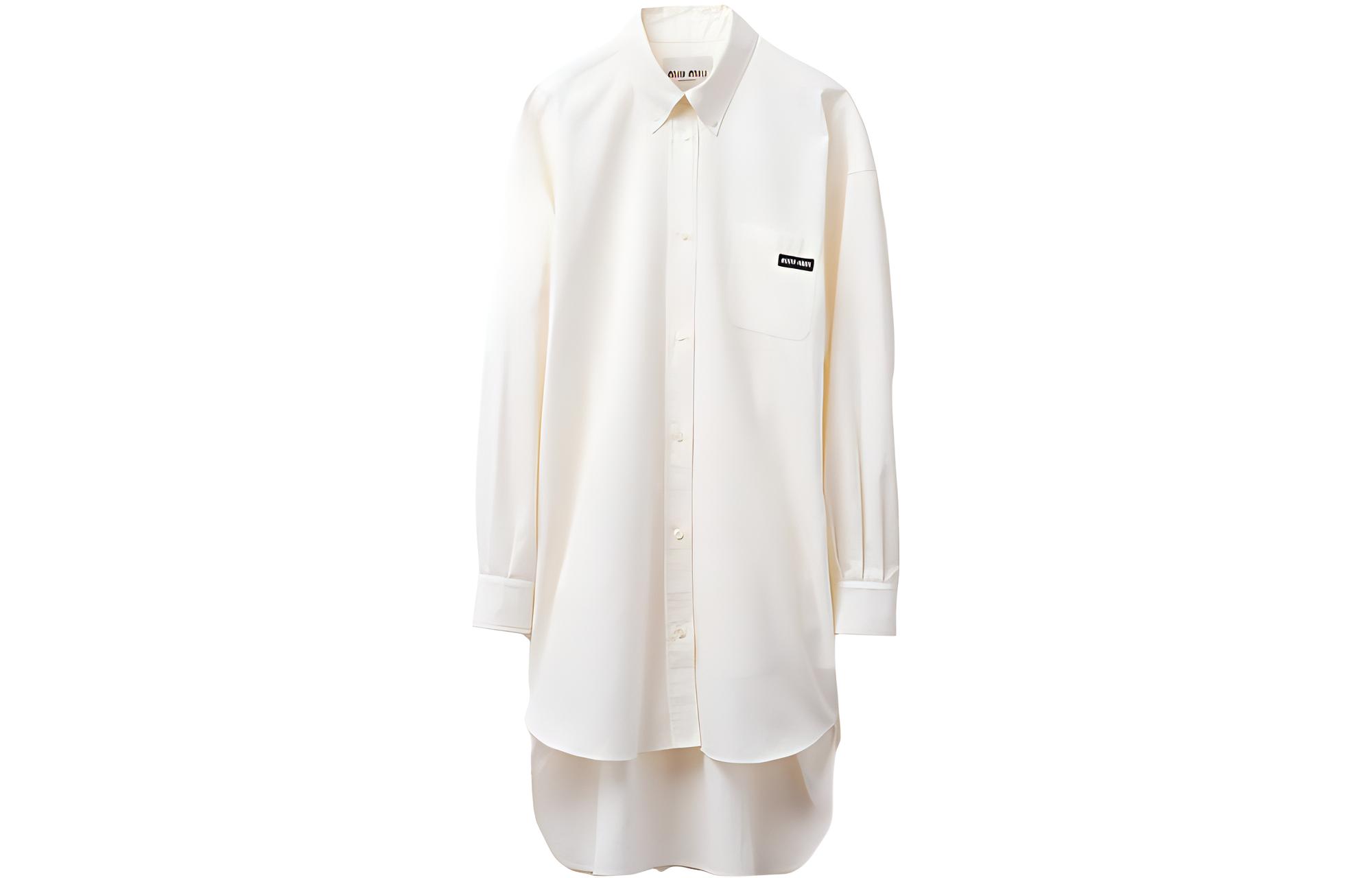 (Women) MIU MIU SS23 White Long Sleeve Dress with Logo Patch for Women. MF5023-1XLJ-F0009-S-232