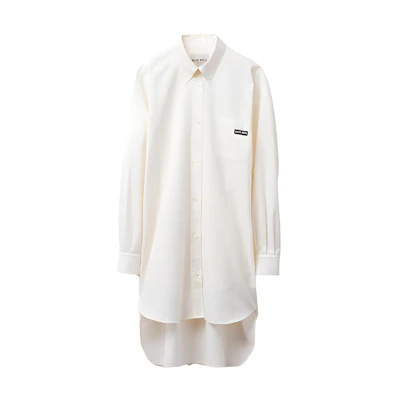 (Women) MIU MIU SS23 White Long Sleeve Dress with Logo Patch for Women. MF5023-1XLJ-F0009-S-232