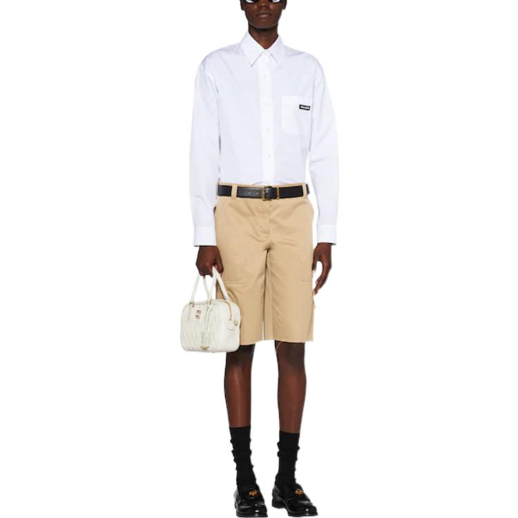 Lookbook (W) MIU MIU SS23 Baju Putih Lengan Panjang Pelindung Matahari dengan Poket Dada. MK1727-10RG-F0009