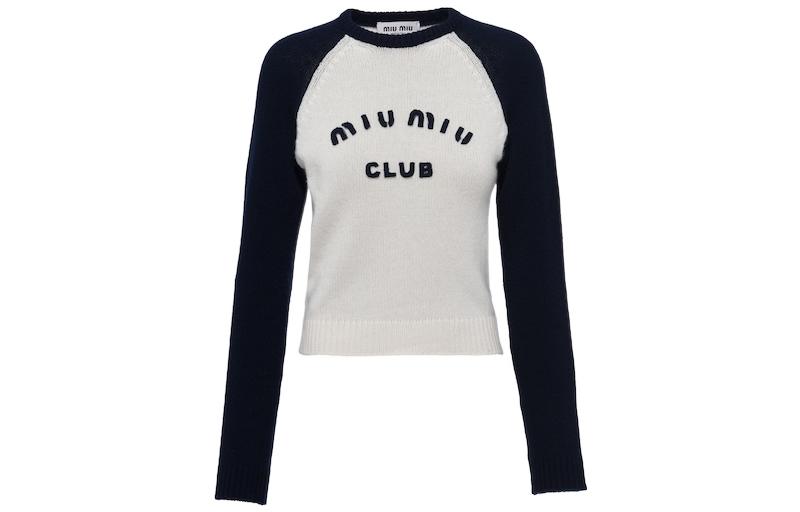 (Women) MIU MIU SS23 White Patchwork Letter Print Knit Cashmere Sweater for Women. MML693-119H-F0UB0