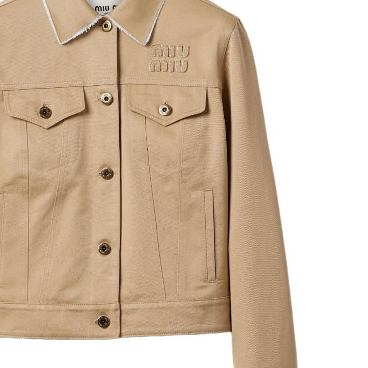 Cheap (W) MIU MIU SS24 米色刺繡Logo扣式短版外套夹克. ML1056-1UPX-F0065-S-OOO