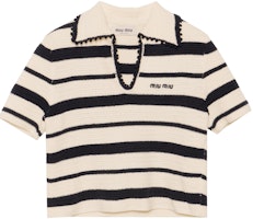 (Women) MIU MIU SS24 Beige Knit Colorblock Striped Short Sleeve Top. MML875-138S-F0UBO-SOOO (Women) MIU MIU SS24 Beige Knit Colorblock Striped Short Sleeve Top. MML875-138S-F0UBO-SOOO