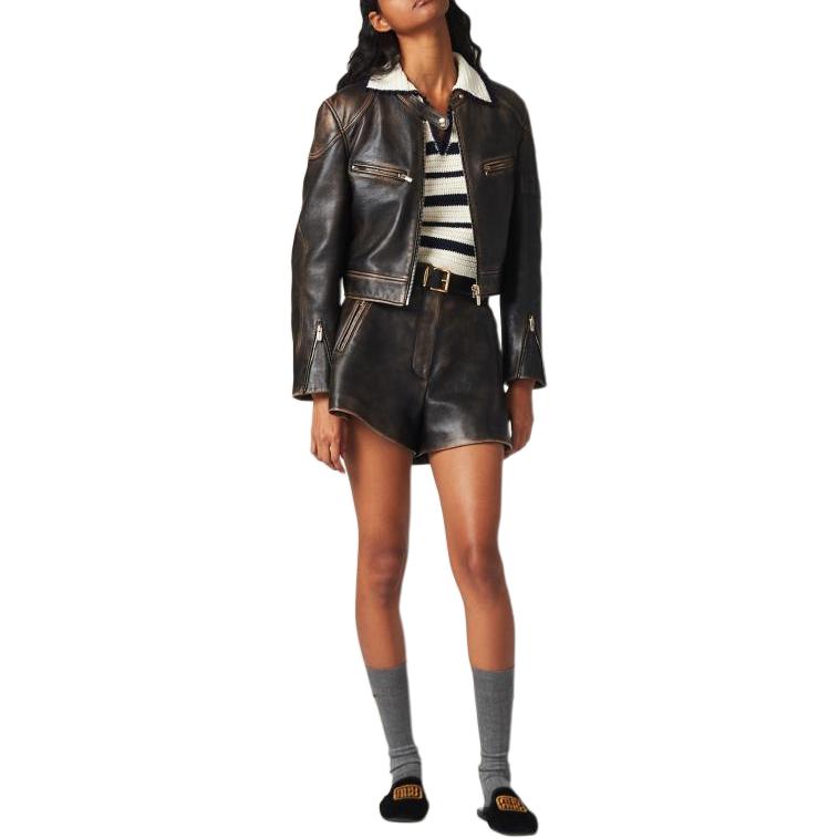 Shop (W) MIU MIU SS24 米白色拼色条纹针织短袖上衣 MML875-138S-F0UBO-SOOO