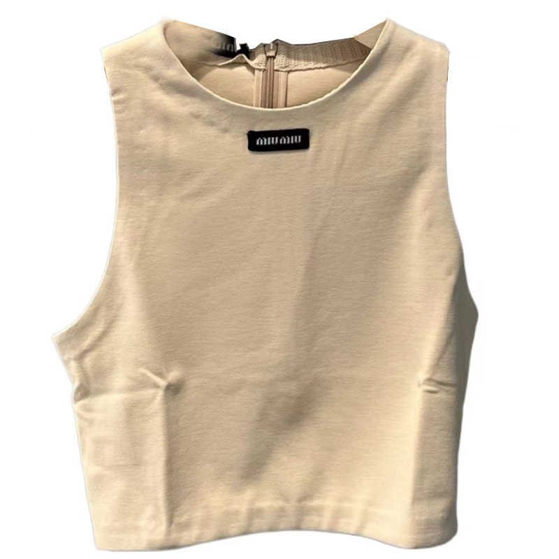 Order (W) MIU MIU SS24 Beige Logo Tank Top Vest Zip Lelaki & Wanita. MT1809-14Q9-F0018