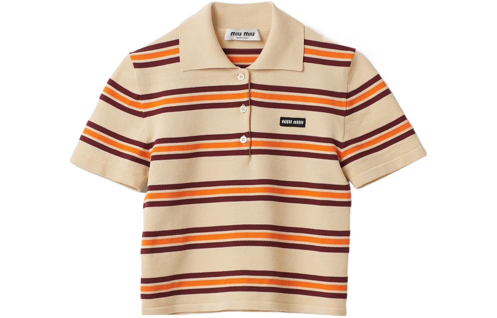 (Women) MIU MIU SS24  Beige Striped Logo Short Sleeve Polo Shirt. MML880-14AX-F0061-S-OOO