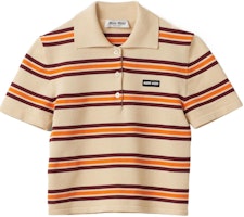 (Women) MIU MIU SS24 Beige Striped Logo Short Sleeve Polo Shirt. MML880-14AX-F0061-S-OOO (Women) MIU MIU SS24 Beige Striped Logo Short Sleeve Polo Shirt. MML880-14AX-F0061-S-OOO