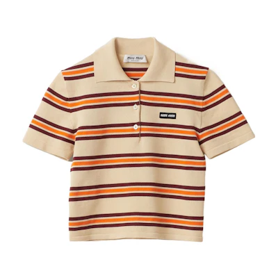 (Women) MIU MIU SS24 Beige Striped Logo Short Sleeve Polo Shirt. MML880-14AX-F0061-S-OOO
