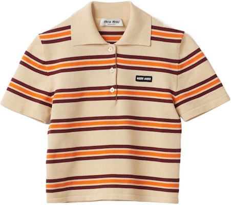 (W) MIU MIU SS24 Baju Polo Lengan Pendek Beige Berjalur Logo. MML880-14AX-F0061-S-OOO Order (W) MIU MIU SS24 Baju Polo Lengan Pendek Beige Berjalur Logo. MML880-14AX-F0061-S-OOO