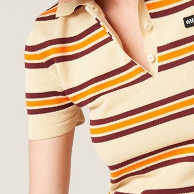 (W) MIU MIU SS24 Baju Polo Lengan Pendek Beige Berjalur Logo. MML880-14AX-F0061-S-OOO Details for (W) MIU MIU SS24 Baju Polo Lengan Pendek Beige Berjalur Logo. MML880-14AX-F0061-S-OOO