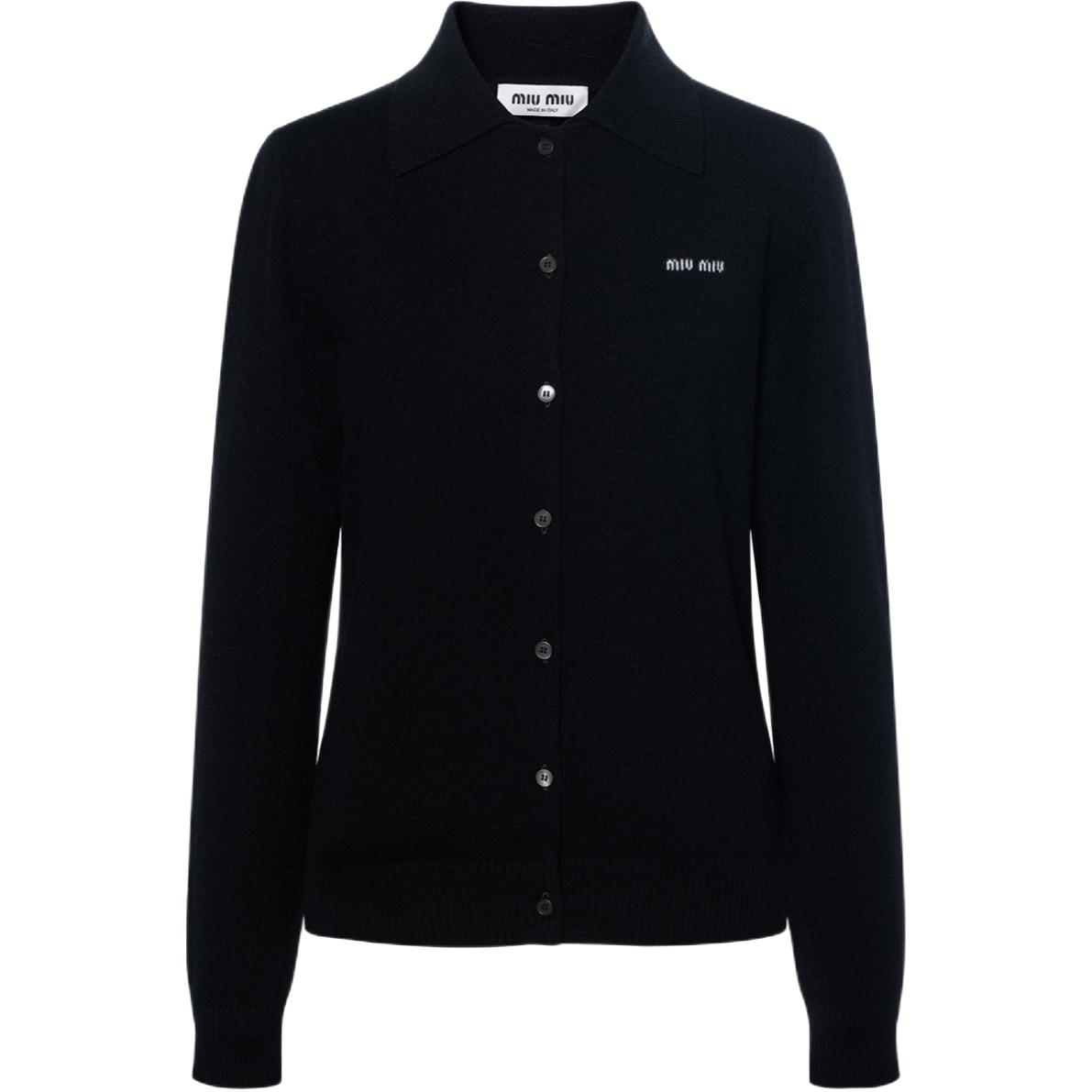 (Women) MIU MIU SS24  Black Knit Cardigan with Logo Intarsia and Button Front. MMF890-13S1-F0002-S-OOO