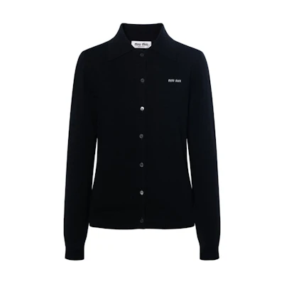 (Women) MIU MIU SS24 Black Knit Cardigan with Logo Intarsia and Button Front. MMF890-13S1-F0002-S-OOO
