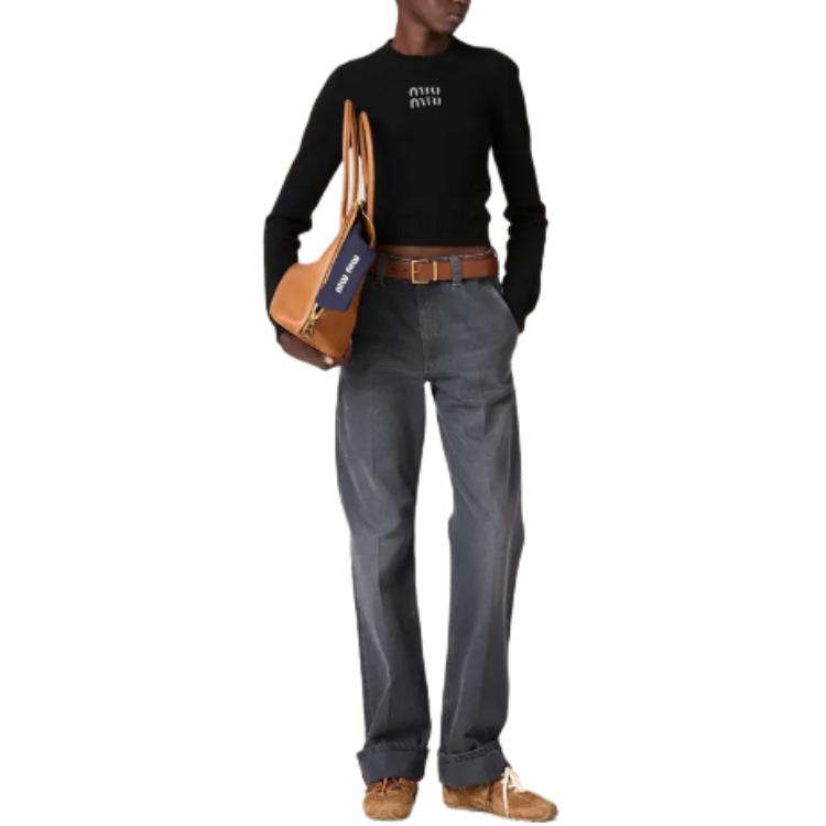 Lookbook (W) MIU MIU SS24 黑色水钻字母罗纹长袖毛衣 MML725-15NO-F0002-S-231