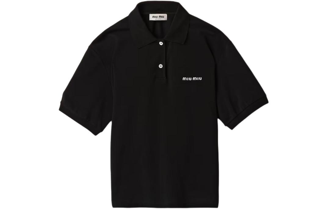 Order (W) MIU MIU SS24 Baju Polo Hitam Lengan Pendek dengan Sulaman Logo. MJN535-14RW-F0002-S-OOO