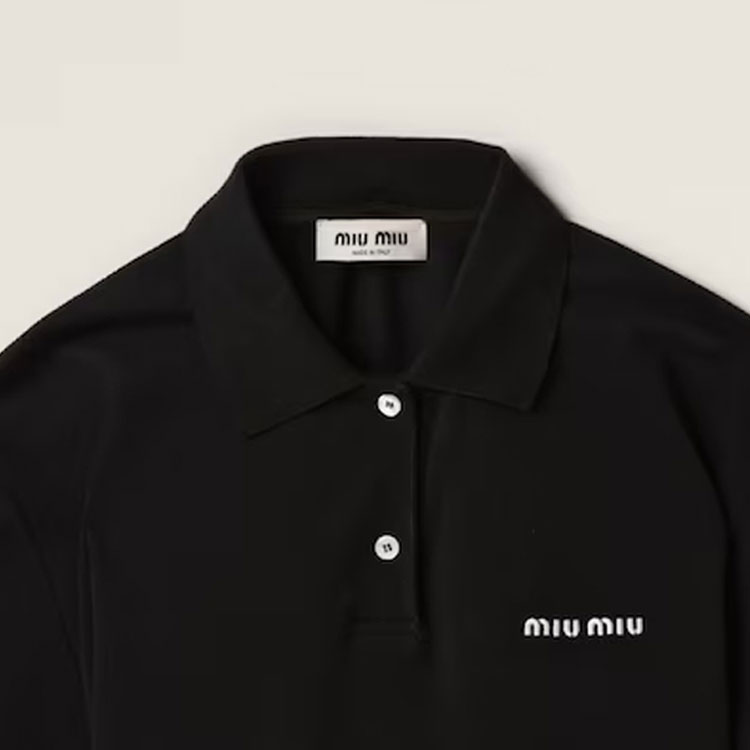 Purchase (W) MIU MIU SS24 Baju Polo Hitam Lengan Pendek dengan Sulaman Logo. MJN535-14RW-F0002-S-OOO