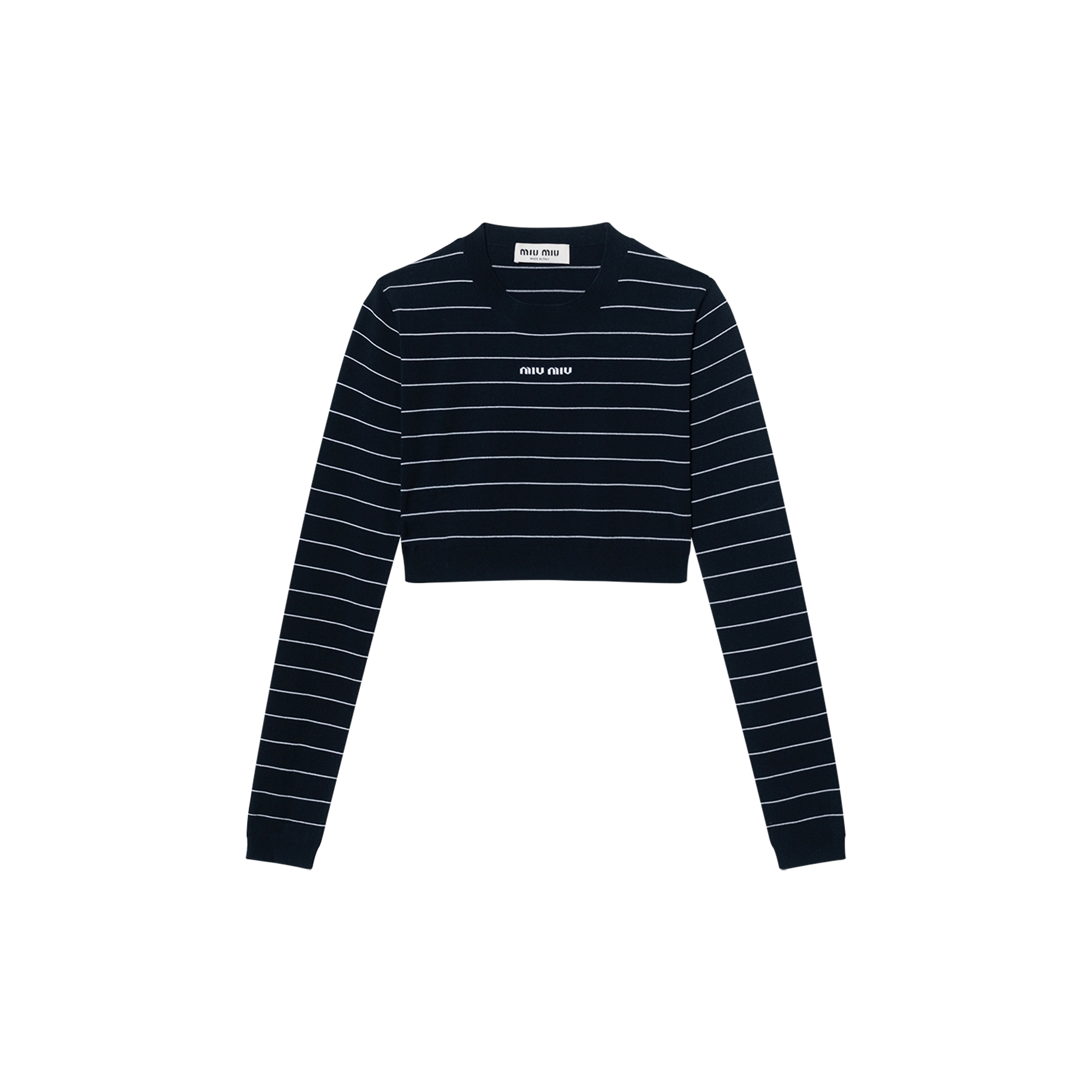(Women) MIU MIU SS24  Black Striped Slim Fit Crop Knit Long Sleeve Top. MML895-14HJ-F022X-S-OOO
