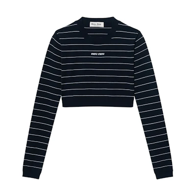 (Women) MIU MIU SS24 Black Striped Slim Fit Crop Knit Long Sleeve Top. MML895-14HJ-F022X-S-OOO