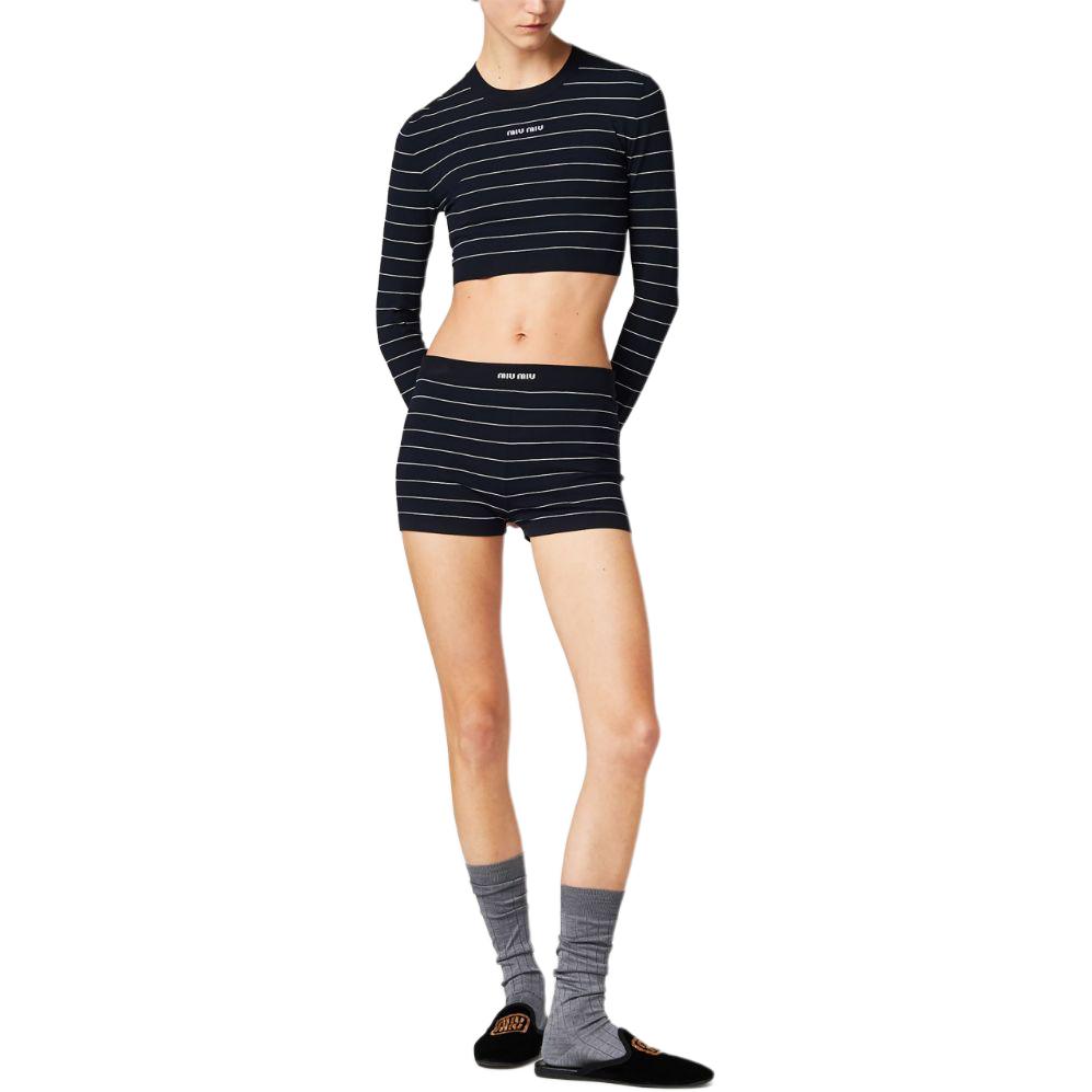 Lookbook (Women) MIU MIU SS24  Black Striped Slim Fit Crop Knit Long Sleeve Top. MML895-14HJ-F022X-S-OOO