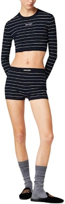 (Women) MIU MIU SS24 Black Striped Slim Fit Crop Knit Long Sleeve Top. MML895-14HJ-F022X-S-OOO Lookbook (Women) MIU MIU SS24 Black Striped Slim Fit Crop Knit Long Sleeve Top. MML895-14HJ-F022X-S-OOO
