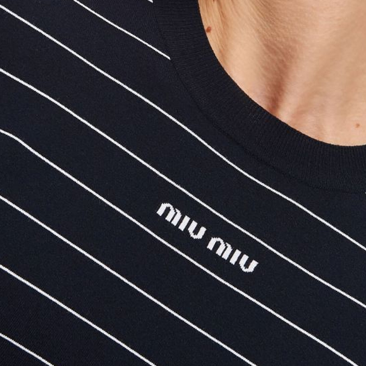 Purchase (Women) MIU MIU SS24  Black Striped Slim Fit Crop Knit Long Sleeve Top. MML895-14HJ-F022X-S-OOO