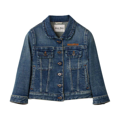 (Women) MIU MIU SS24 Blue Denim Jacket with Logo Embroidery and Buttons. GWB224-15UJ-F0008-S-OOO