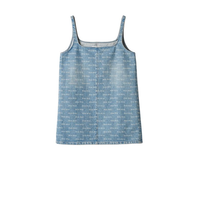 (Women) MIU MIU SS24  Blue Logo Print Square-Neck Camisole Mini Dress. GWA209-14HT-F0013-S-000