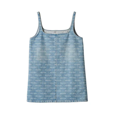 (Women) MIU MIU SS24 Blue Logo Print Square-Neck Camisole Mini Dress. GWA209-14HT-F0013-S-000