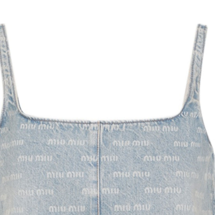 Shop (W) MIU MIU SS24 藍色Logo印花方領吊帶迷你連身裙 GWA209-14HT-F0013-S-000