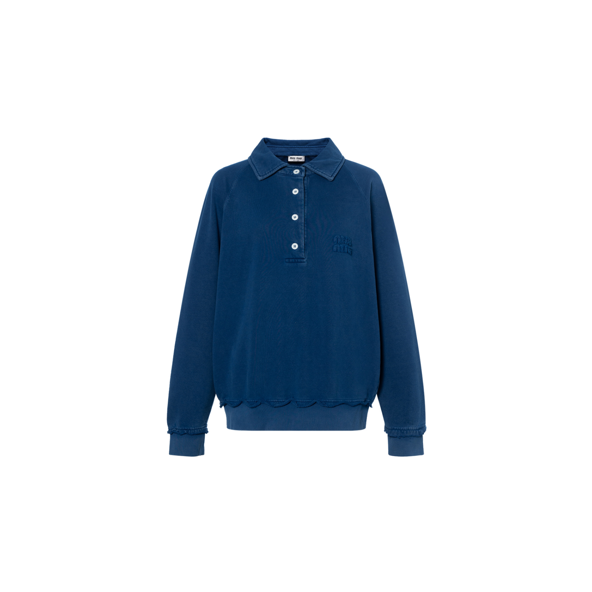 (Women) MIU MIU SS24  Blue Long-Sleeve Pullover Polo Sweatshirt with Logo Embroidery MJL914-15AT-F0008