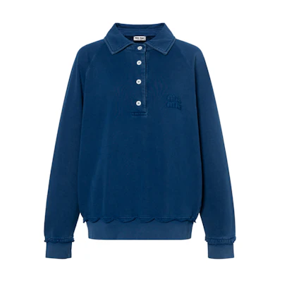 (Women) MIU MIU SS24 Blue Long-Sleeve Pullover Polo Sweatshirt with Logo Embroidery MJL914-15AT-F0008