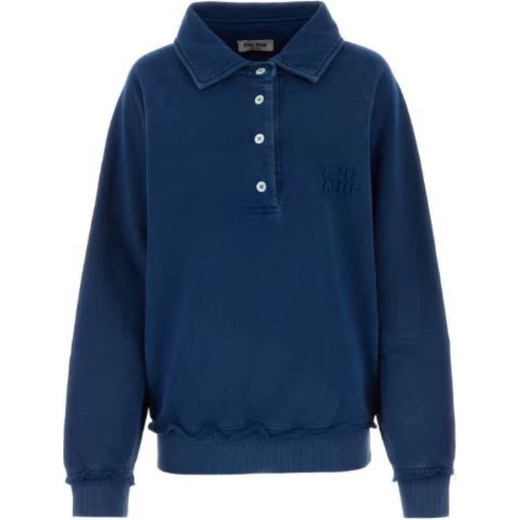 Order (Women) MIU MIU SS24  Blue Long-Sleeve Pullover Polo Sweatshirt with Logo Embroidery MJL914-15AT-F0008