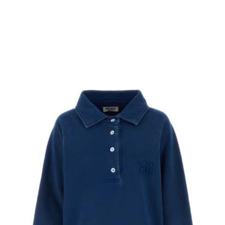 Lookbook (Women) MIU MIU SS24  Blue Long-Sleeve Pullover Polo Sweatshirt with Logo Embroidery MJL914-15AT-F0008