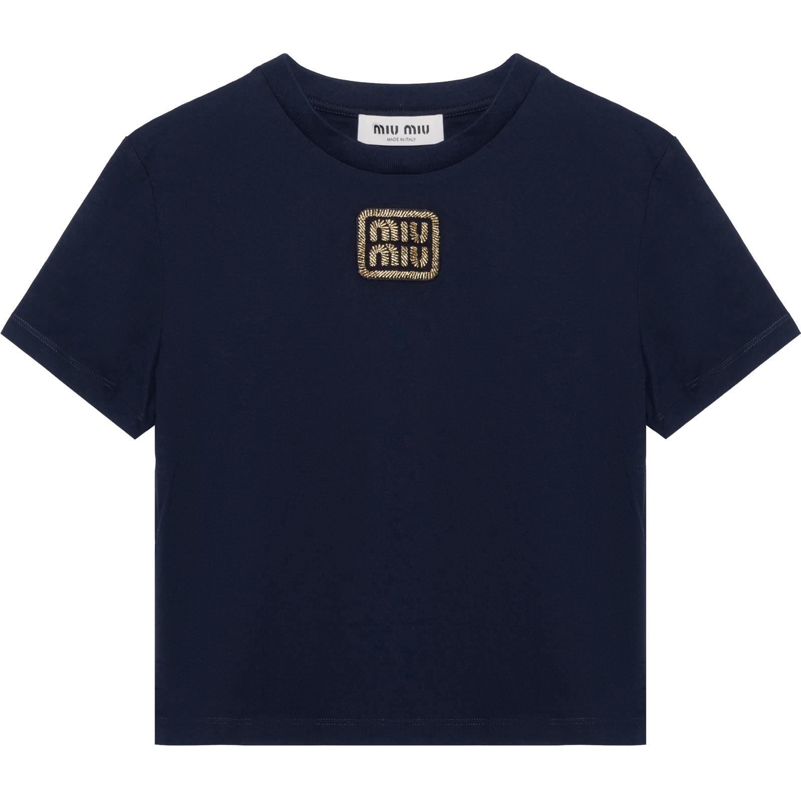 (Women) MIU MIU SS24  Blue Short-Sleeve Crewneck Letter T-Shirt. MJN483-14ER-F0124-S-232