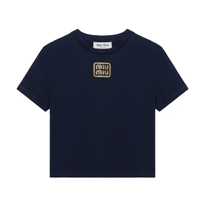 (Women) MIU MIU SS24 Blue Short-Sleeve Crewneck Letter T-Shirt. MJN483-14ER-F0124-S-232