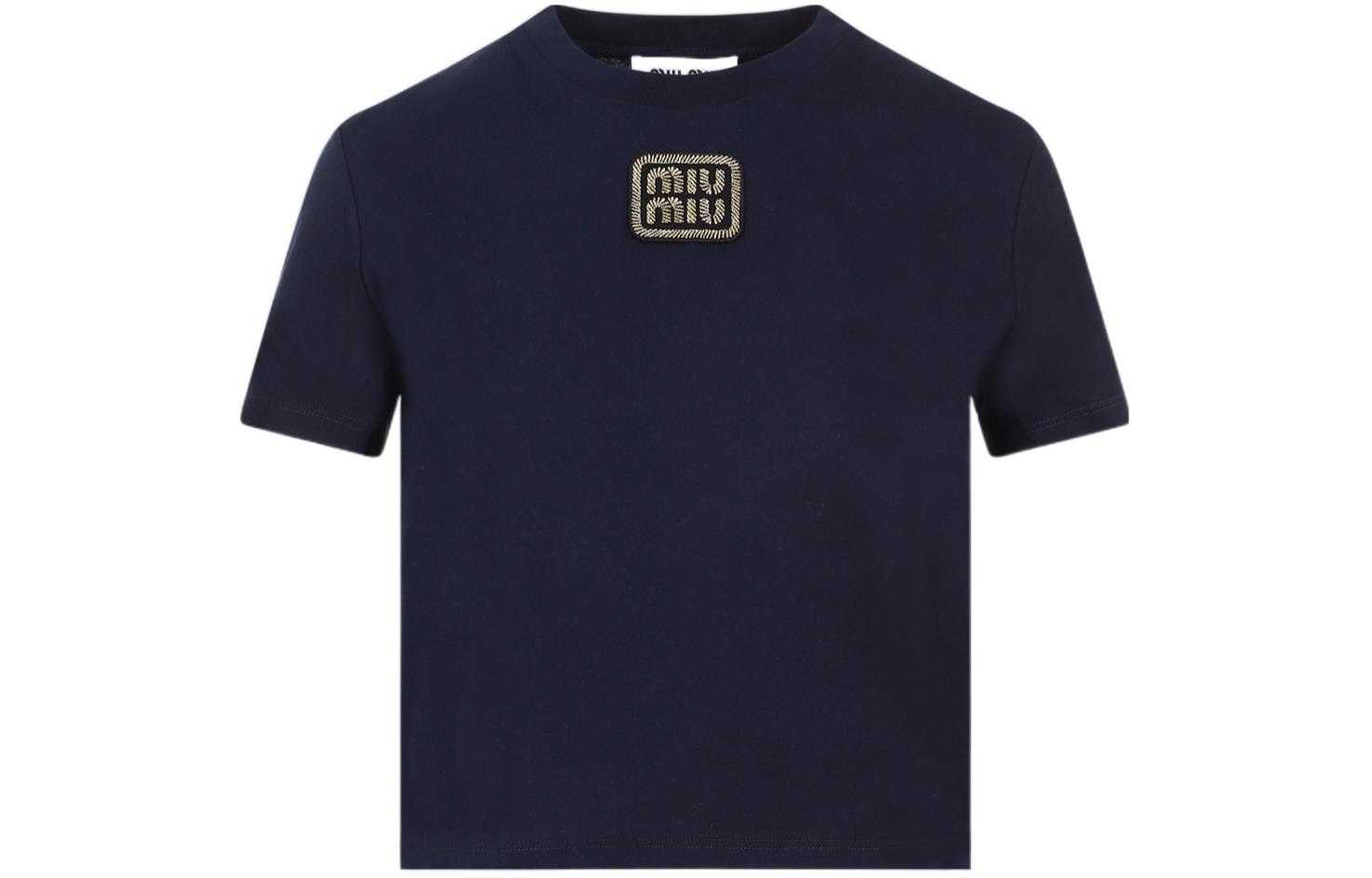 Order (W) MIU MIU SS24 蓝色短袖圆领字母T恤。 MJN483-14ER-F0124-S-232