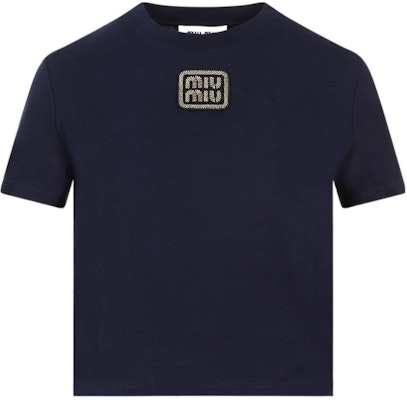 (W) MIU MIU SS24 蓝色短袖圆领字母T恤。 MJN483-14ER-F0124-S-232 Order (W) MIU MIU SS24 蓝色短袖圆领字母T恤。 MJN483-14ER-F0124-S-232