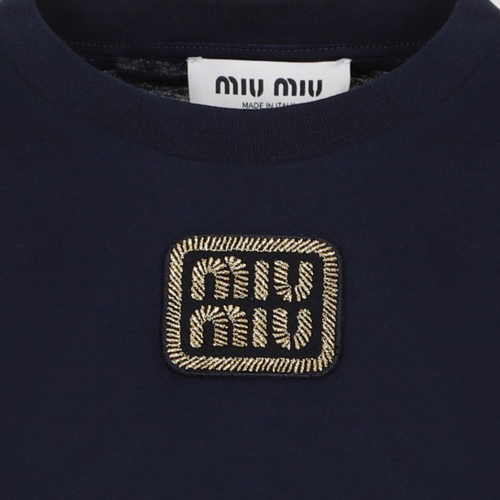 Shop (W) MIU MIU SS24 蓝色短袖圆领字母T恤。 MJN483-14ER-F0124-S-232
