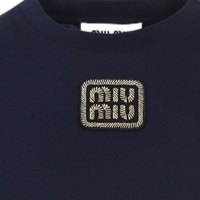 (W) MIU MIU SS24 蓝色短袖圆领字母T恤。 MJN483-14ER-F0124-S-232 Purchase (W) MIU MIU SS24 蓝色短袖圆领字母T恤。 MJN483-14ER-F0124-S-232