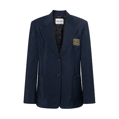 (Women) MIU MIU SS24 Blue Straight Long-Sleeve Jacket with Letter Logo. MH1927-12I1-F0R84-S-AM1