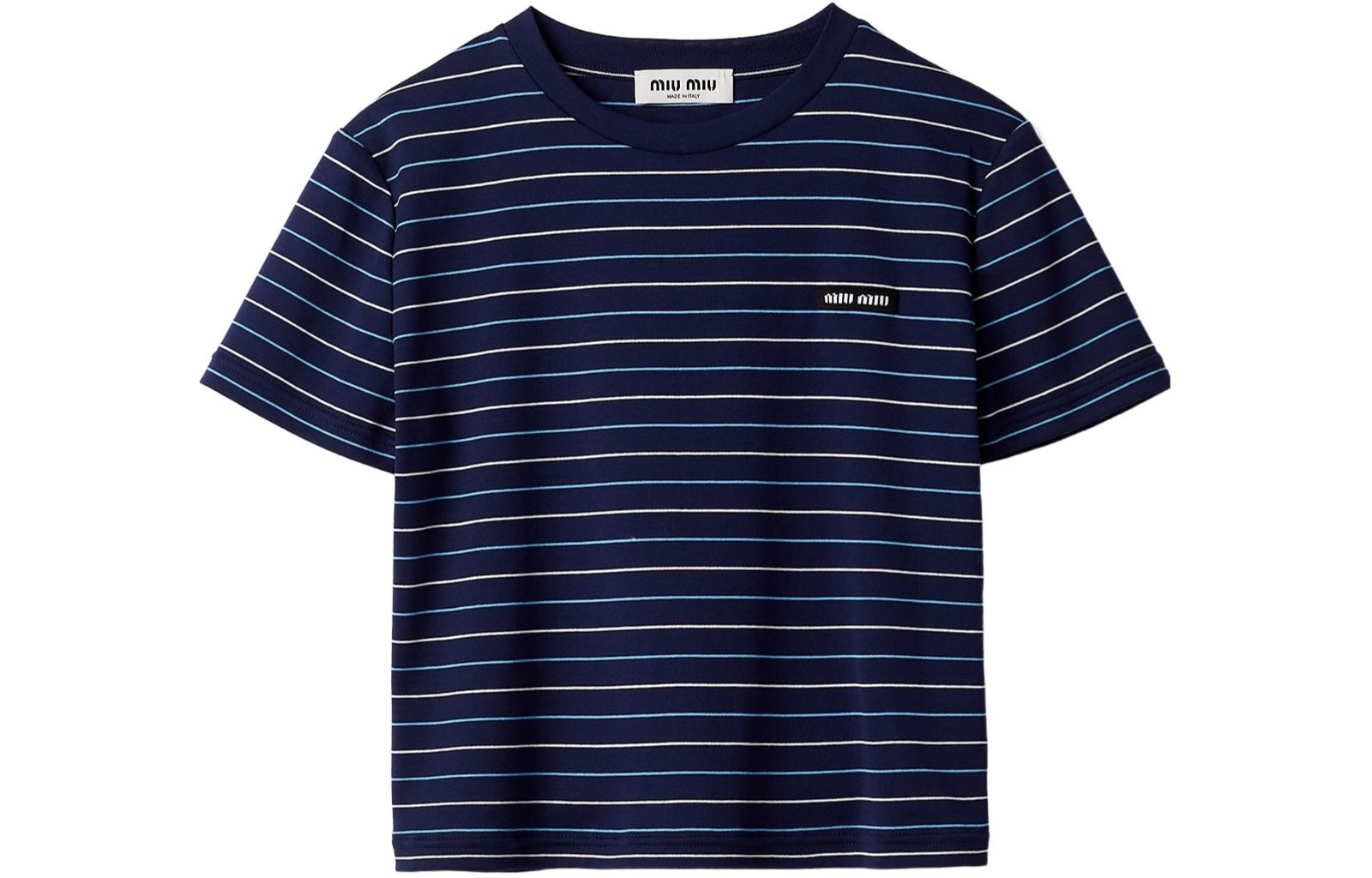 Order (W) MIU MIU SS24 Kaos Biru Motif Garis Logo Lengan Pendek Casual. MJN467-14EU-F0008-S-231