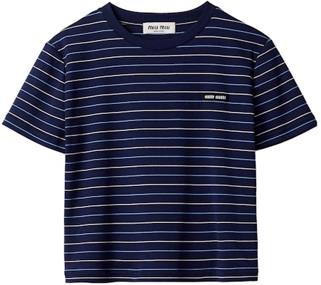 (W) MIU MIU SS24 Kaos Biru Motif Garis Logo Lengan Pendek Casual. MJN467-14EU-F0008-S-231 Order (W) MIU MIU SS24 Kaos Biru Motif Garis Logo Lengan Pendek Casual. MJN467-14EU-F0008-S-231