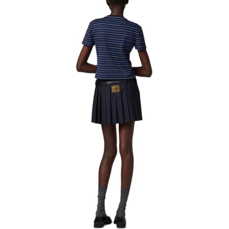 Purchase (W) MIU MIU SS24 Kaos Biru Motif Garis Logo Lengan Pendek Casual. MJN467-14EU-F0008-S-231