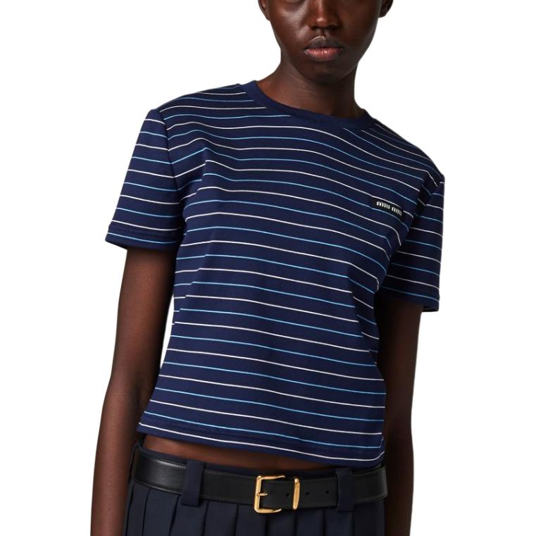 Details for (W) MIU MIU SS24 Kaos Biru Motif Garis Logo Lengan Pendek Casual. MJN467-14EU-F0008-S-231